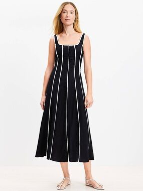 LOFT Square Neck Linen Blend Summer Midi Dress 4 Petite Black White, Fit & Flare